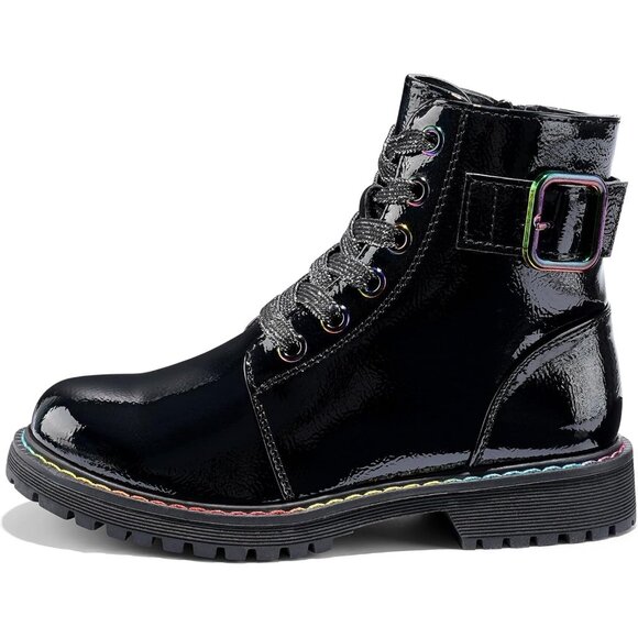 Girls Ankle Boots Patent-Black Glitter Combat Zipper Lace Up Winter Dress Boots - Picture 1 of 6